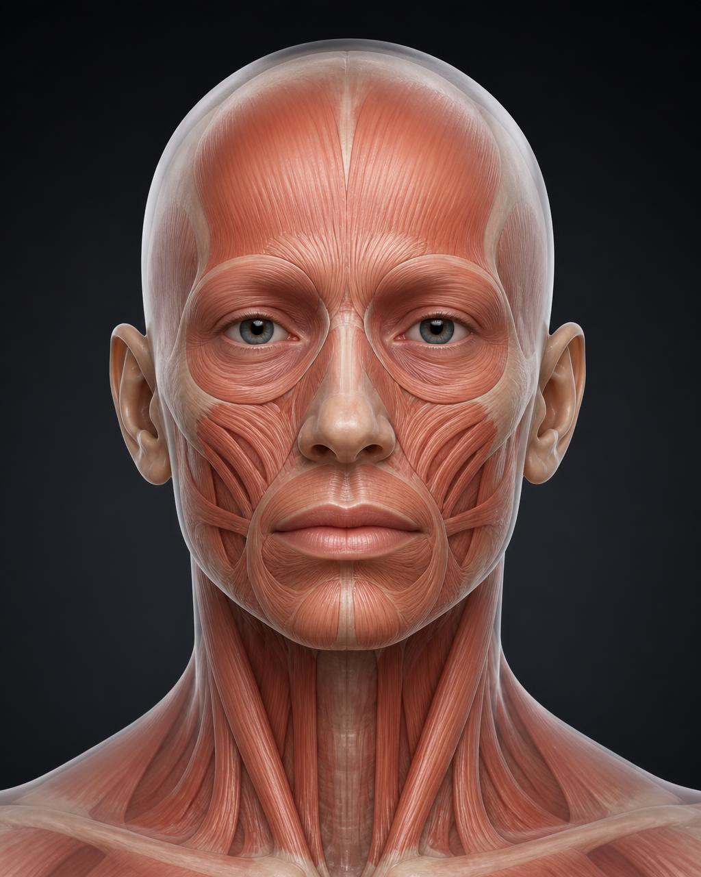 Visualização anatômica facial com a musculatura mastigatória visível